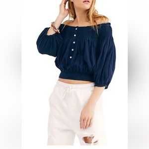 Free People Dancing Till Dawn Off The Shoulder Crop Top Navy Sz Small NWOT